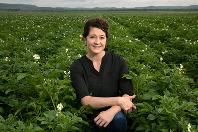 Amanda Gevens, UW–Madison associate professor and department chair of plant pathology, poses for a portrait in a potato field at Alsum Farms and Produce near Arena, Wis.